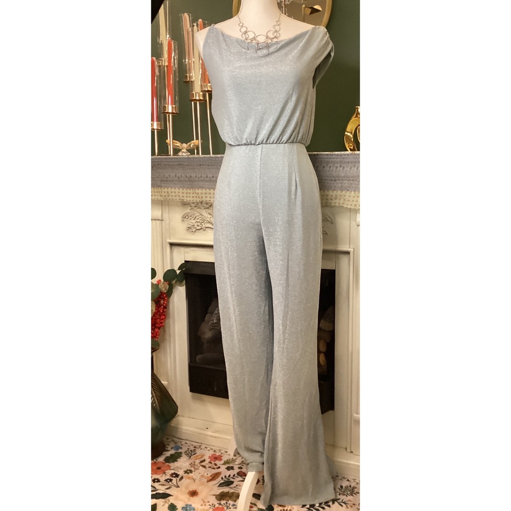 Petal & Pup Heather One Shoulder Jumpsuit Sage Green Metallic Shimmer Size S NEW